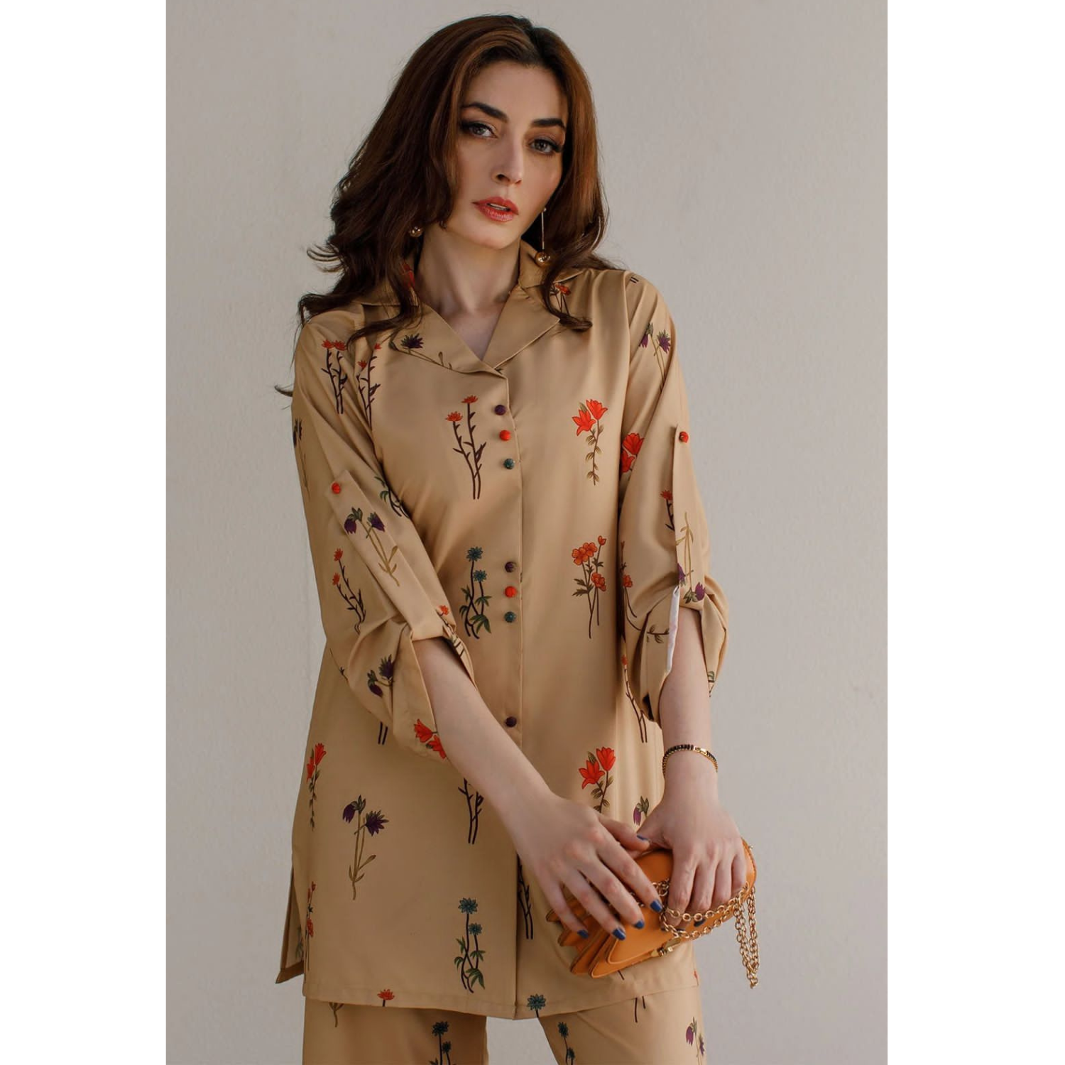 *Brown Collar And Roll Up sleeves with button tab Cord Set 2 piece Dress