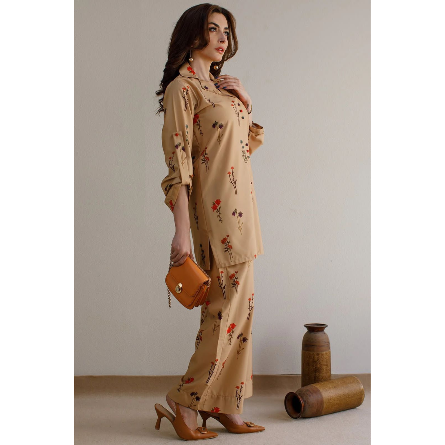 *Brown Collar And Roll Up sleeves with button tab Cord Set 2 piece Dress