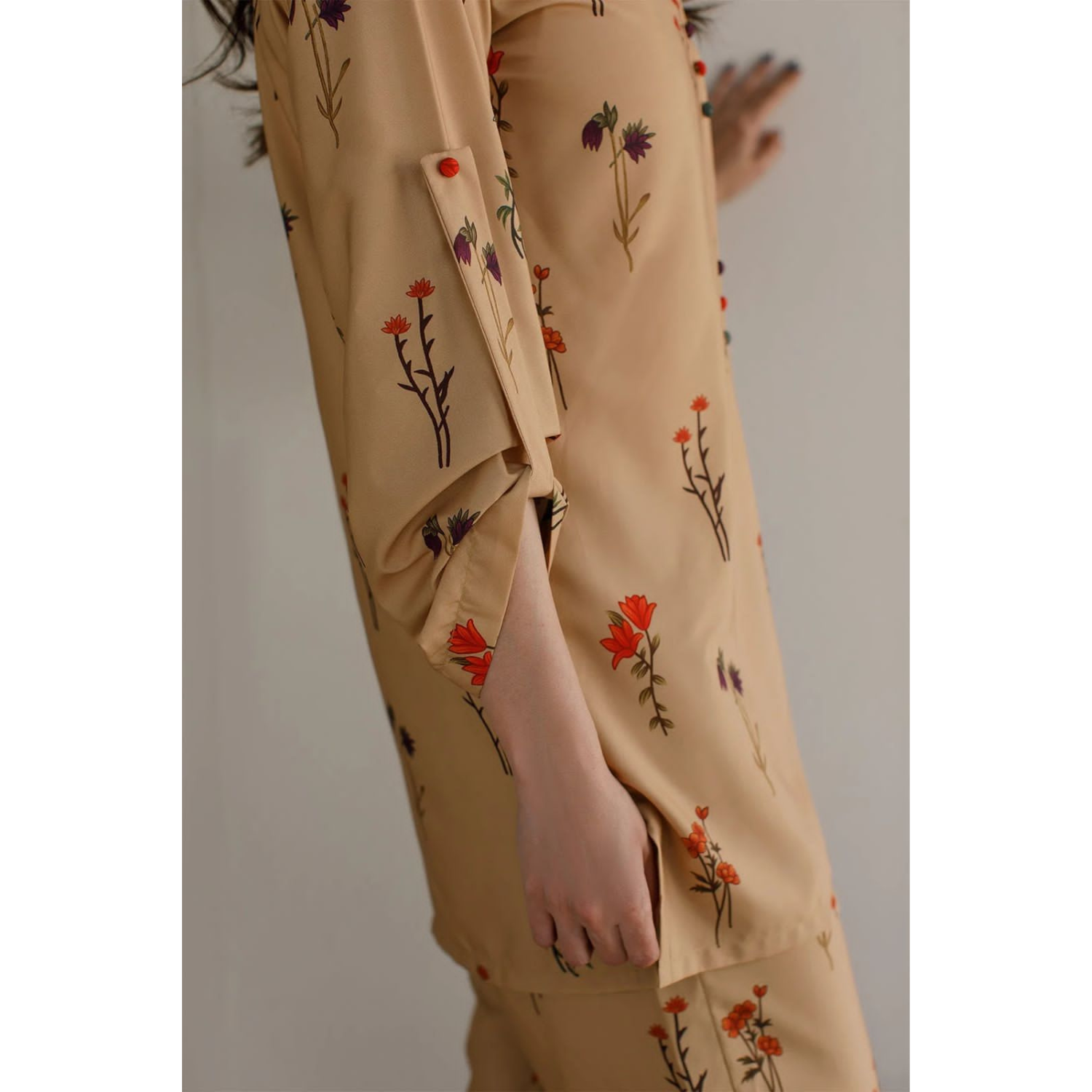 *Brown Collar And Roll Up sleeves with button tab Cord Set 2 piece Dress